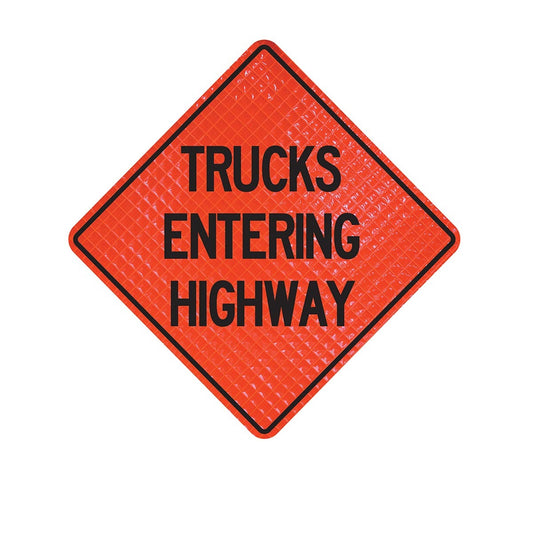 Cortina Safety Products 69" X 4" X 4" Orange And Black Lexan Polycarbonate Roll-Up Sign "TRUCKS ENTERING HIGHWAY" (1 pack)